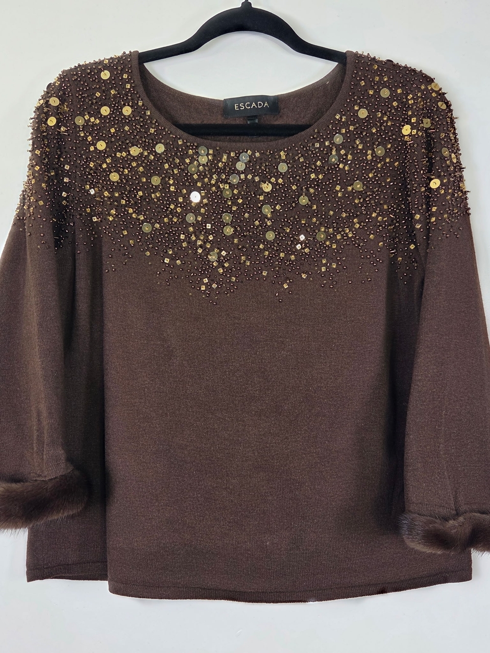 Escada Brown Cashmere Silk Sequins Embellished  Sweater With Mink Fur Cuffs